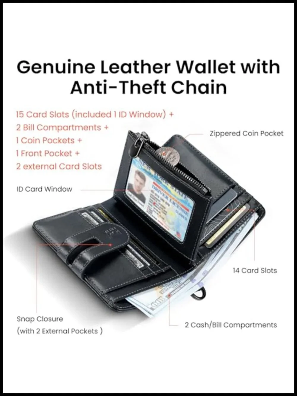 Genuine Leather RFID Blocking Chain Wallet 15 Slots Bifold Anti Theft